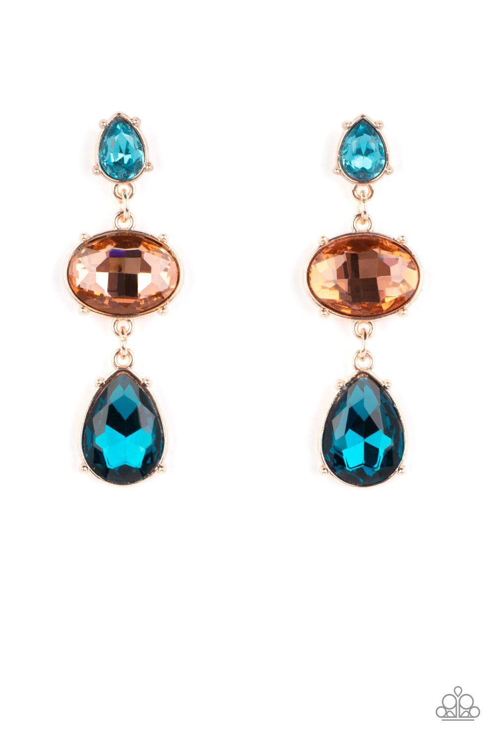 Royal Appeal Multi Blue & Peach Rhinestone Earrings - Paparazzi Accessories- lightbox - CarasShop.com - Paparazzi Jewelry by Cara Jewels