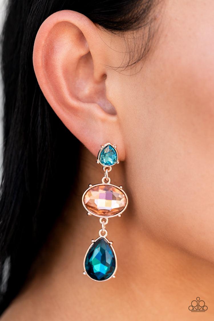 Royal Appeal Multi Blue & Peach Rhinestone Earrings - Paparazzi Accessories- on model - CarasShop.com - Paparazzi Jewelry by Cara Jewels