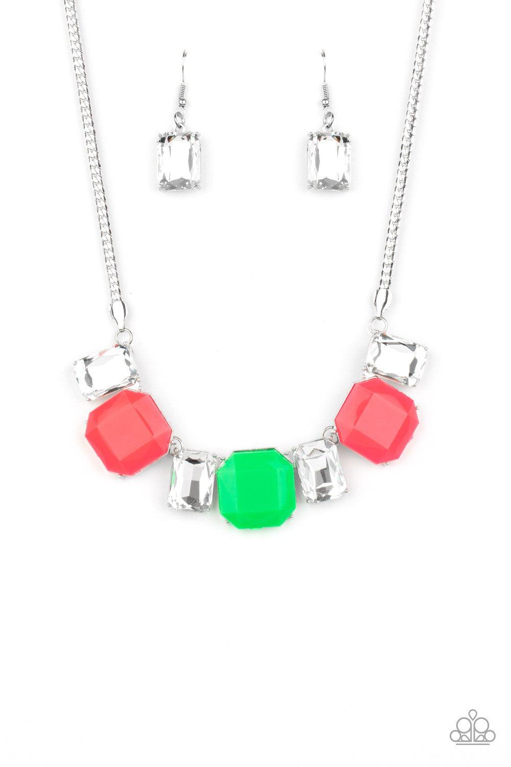 Royal Crest Neon Pink and Green Necklace - Paparazzi Accessories- lightbox - CarasShop.com - Paparazzi Jewelry by Cara Jewels
