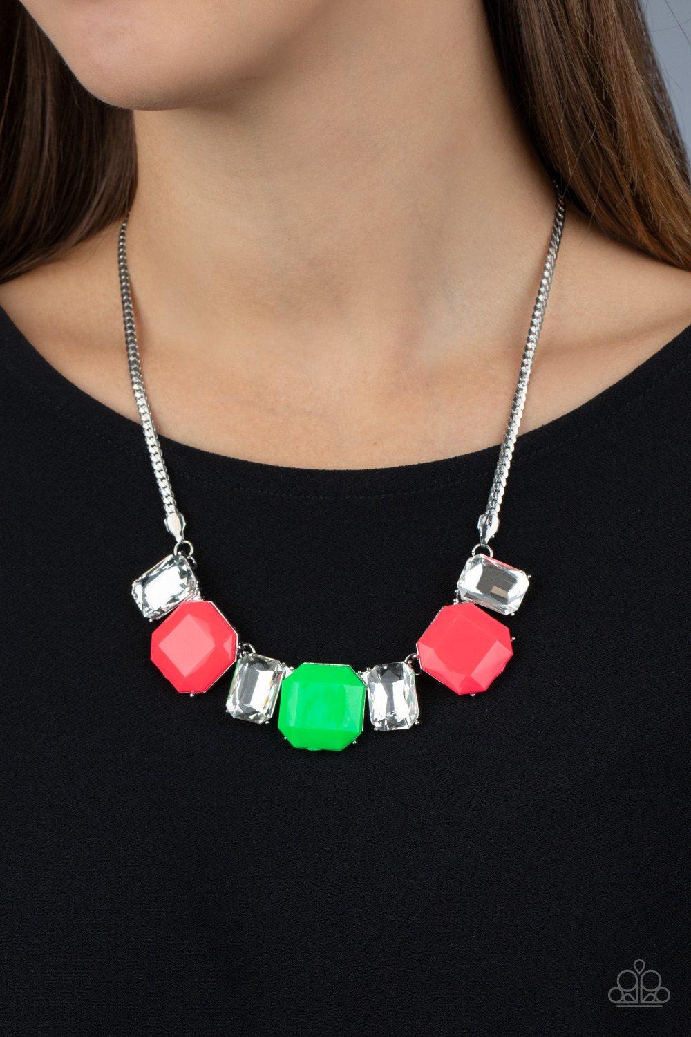 Royal Crest Neon Pink and Green Necklace - Paparazzi Accessories- on model - CarasShop.com - Paparazzi Jewelry by Cara Jewels