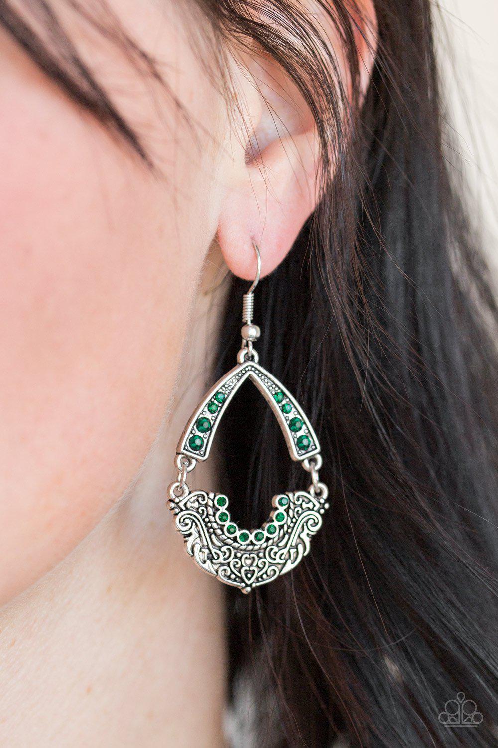 Royal Engagement Green Gem Earrings - Paparazzi Accessories- on model - CarasShop.com - Paparazzi Jewelry by Cara Jewels