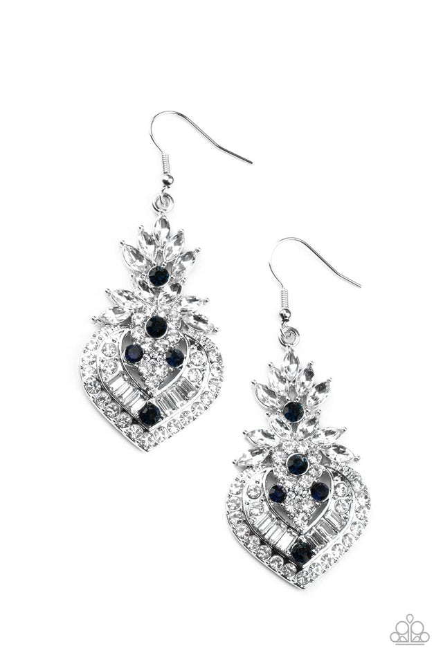 Royal Hustle Blue & White Rhinestone Earrings - Paparazzi Accessories- lightbox - CarasShop.com - Paparazzi Jewelry by Cara Jewels