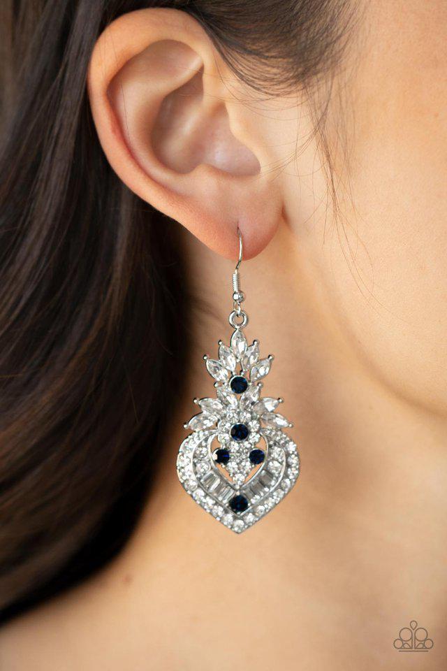 Royal Hustle Blue & White Rhinestone Earrings - Paparazzi Accessories- on model - CarasShop.com - Paparazzi Jewelry by Cara Jewels