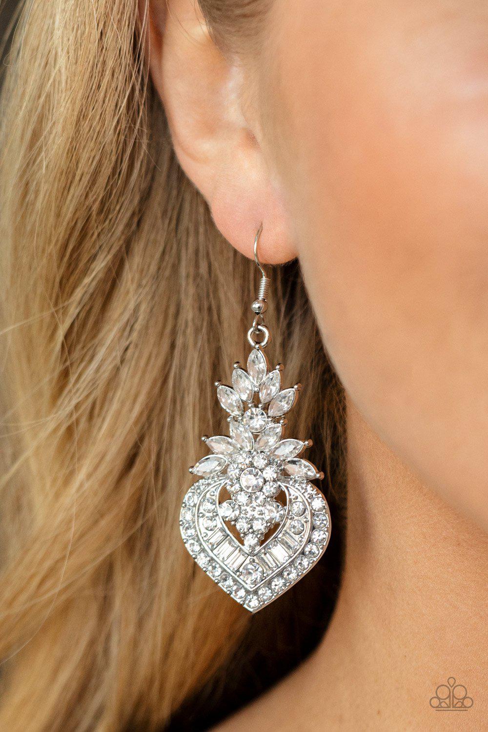 Royal Hustle White Rhinestone Earrings - Paparazzi Accessories- on model - CarasShop.com - Paparazzi Jewelry by Cara Jewels