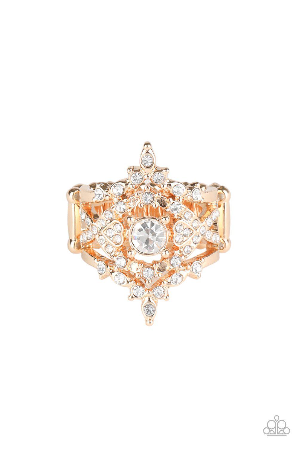 Royal Love Story Gold and White Rhinestone Ring - Paparazzi Accessories- lightbox - CarasShop.com - Paparazzi Jewelry by Cara Jewels