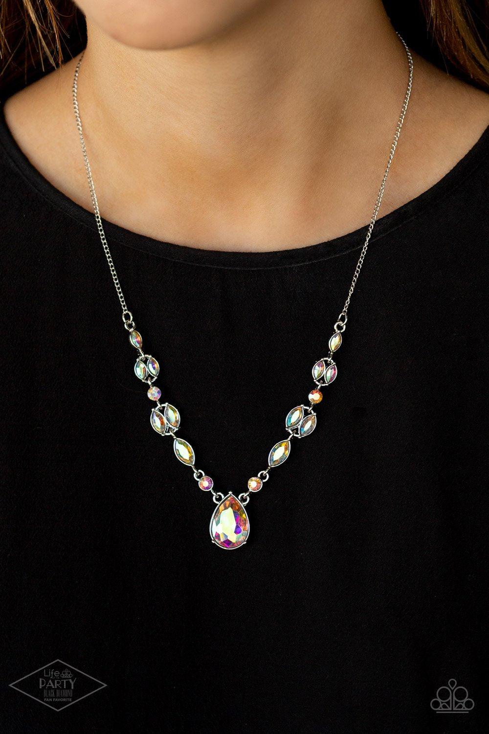 Royal Rendezvous Multi Iridescent Teardrop Rhinestone Necklace - Paparazzi Accessories- on model - CarasShop.com - Paparazzi Jewelry by Cara Jewels