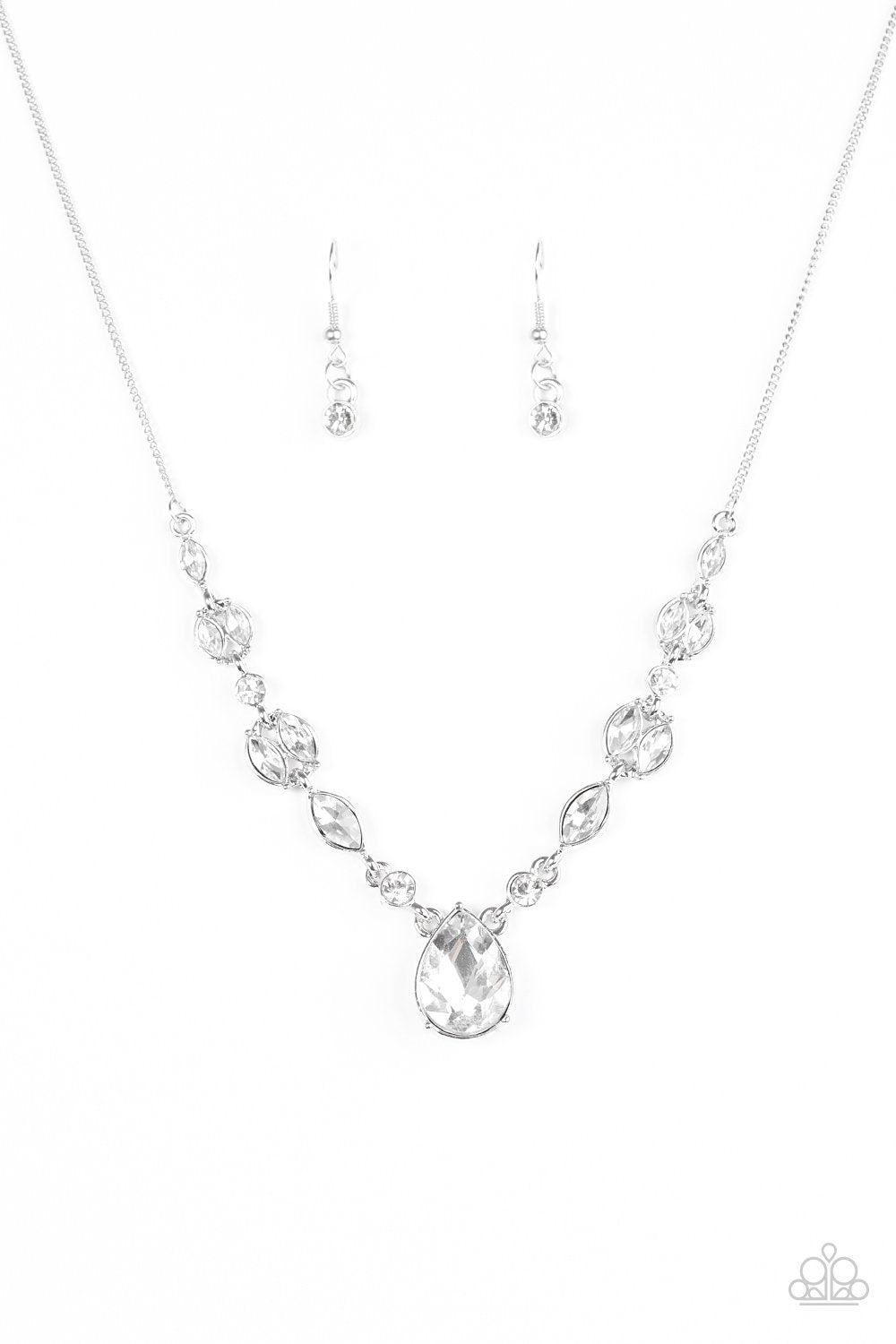 Royal Rendezvous White Teardrop Rhinestone Necklace - Paparazzi Accessories - free matching earrings -CarasShop.com - Paparazzi Jewelry by Cara Jewels