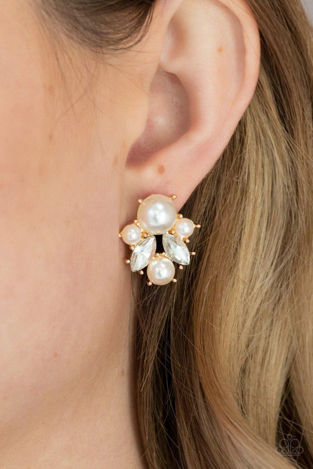 Royal Reverie Gold Earrings - Paparazzi Accessories- on model - CarasShop.com - Paparazzi Jewelry by Cara Jewels