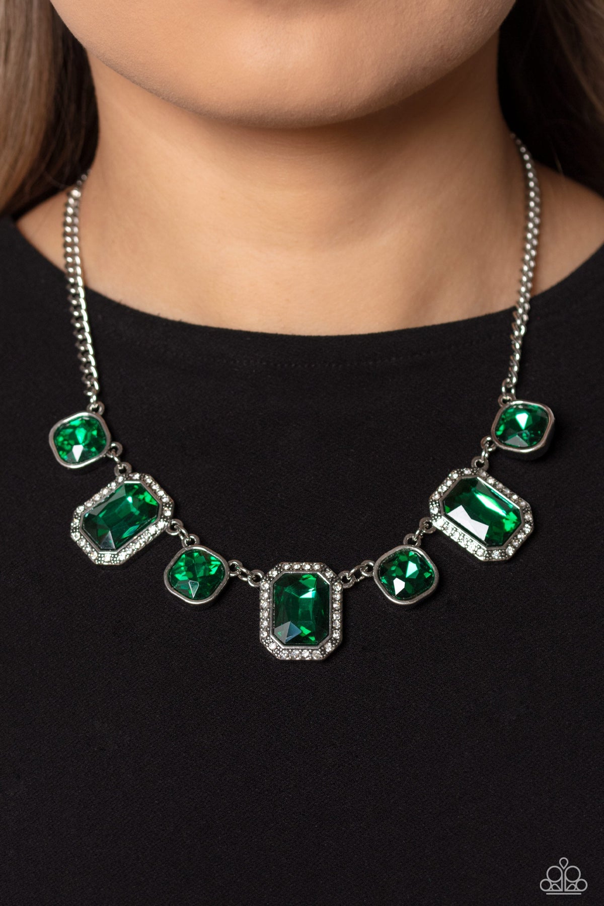 Royal Rumble Green Rhinestone Necklace - Paparazzi Accessories- on model - CarasShop.com - Paparazzi Jewelry by Cara Jewels