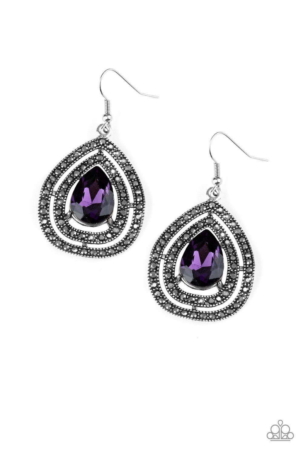 Royal Squad Purple Rhinestone Teardrop Earrings - Paparazzi Accessories- on model - CarasShop.com - Paparazzi Jewelry by Cara Jewels