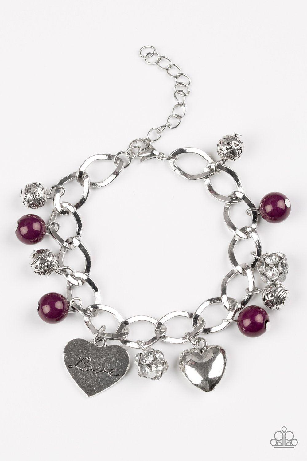 Royal Sweetheart Silver and Purple Charm Bracelet - Paparazzi Accessories- on model - CarasShop.com - Paparazzi Jewelry by Cara Jewels