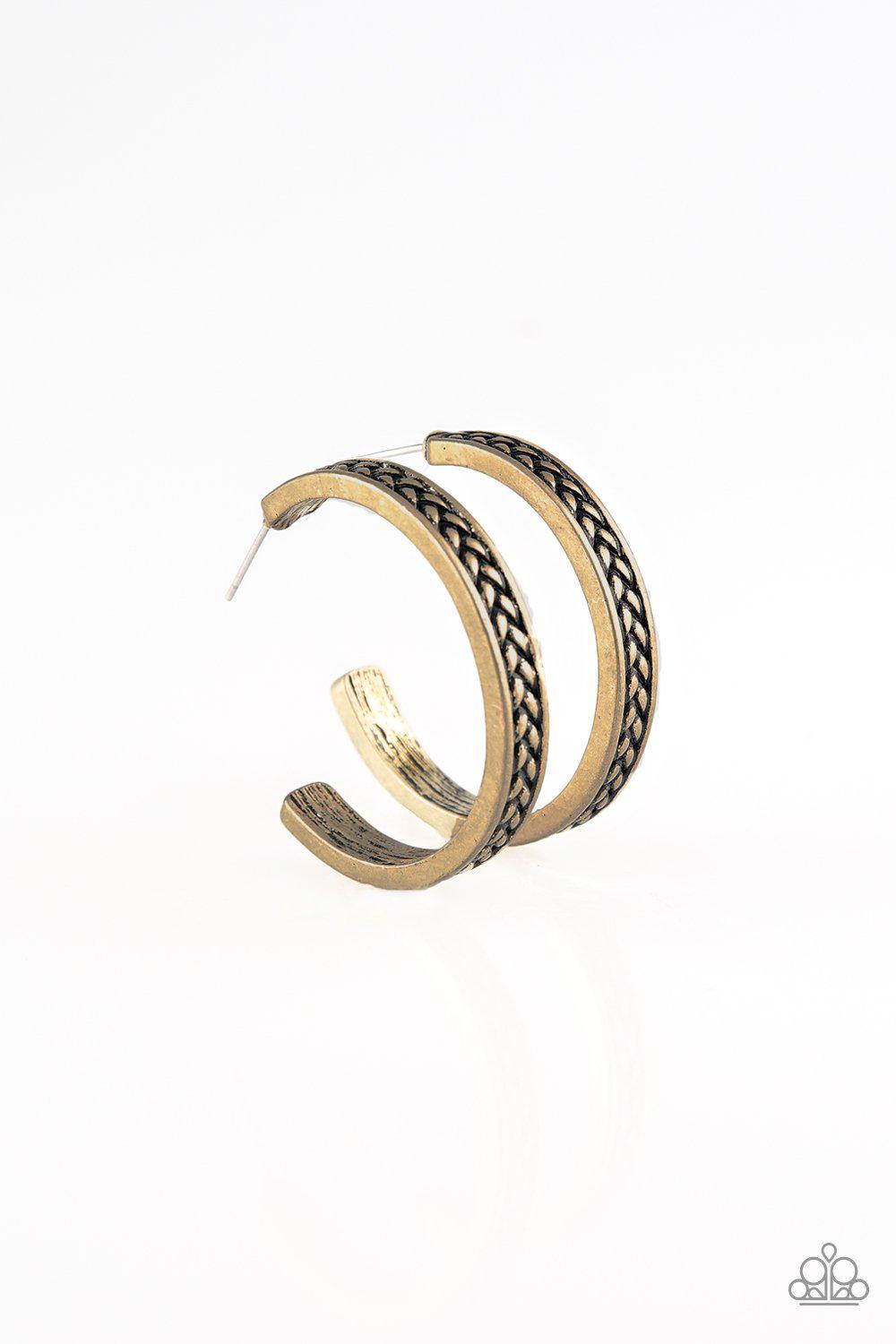 Rugged Retro Brass Hoop Earrings - Paparazzi Accessories- lightbox - CarasShop.com - Paparazzi Jewelry by Cara Jewels