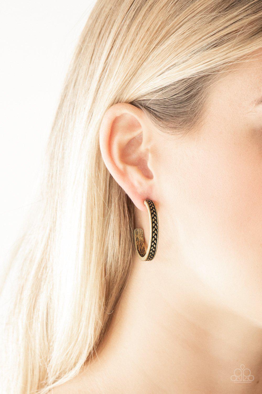 Rugged Retro Brass Hoop Earrings - Paparazzi Accessories- lightbox - CarasShop.com - Paparazzi Jewelry by Cara Jewels