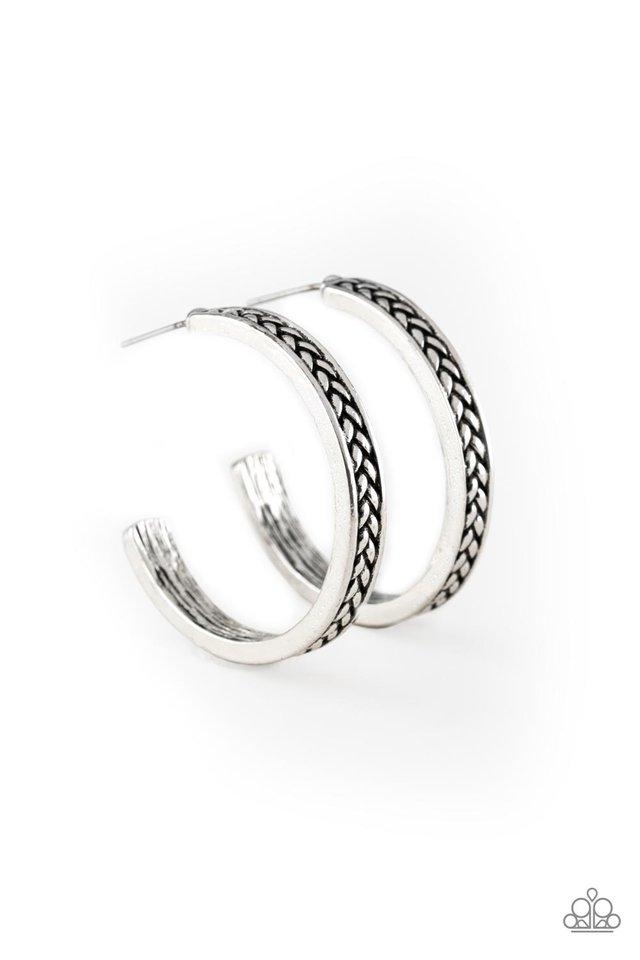 Rugged Retro Silver Hoop Earrings - Paparazzi Accessories- lightbox - CarasShop.com - Paparazzi Jewelry by Cara Jewels