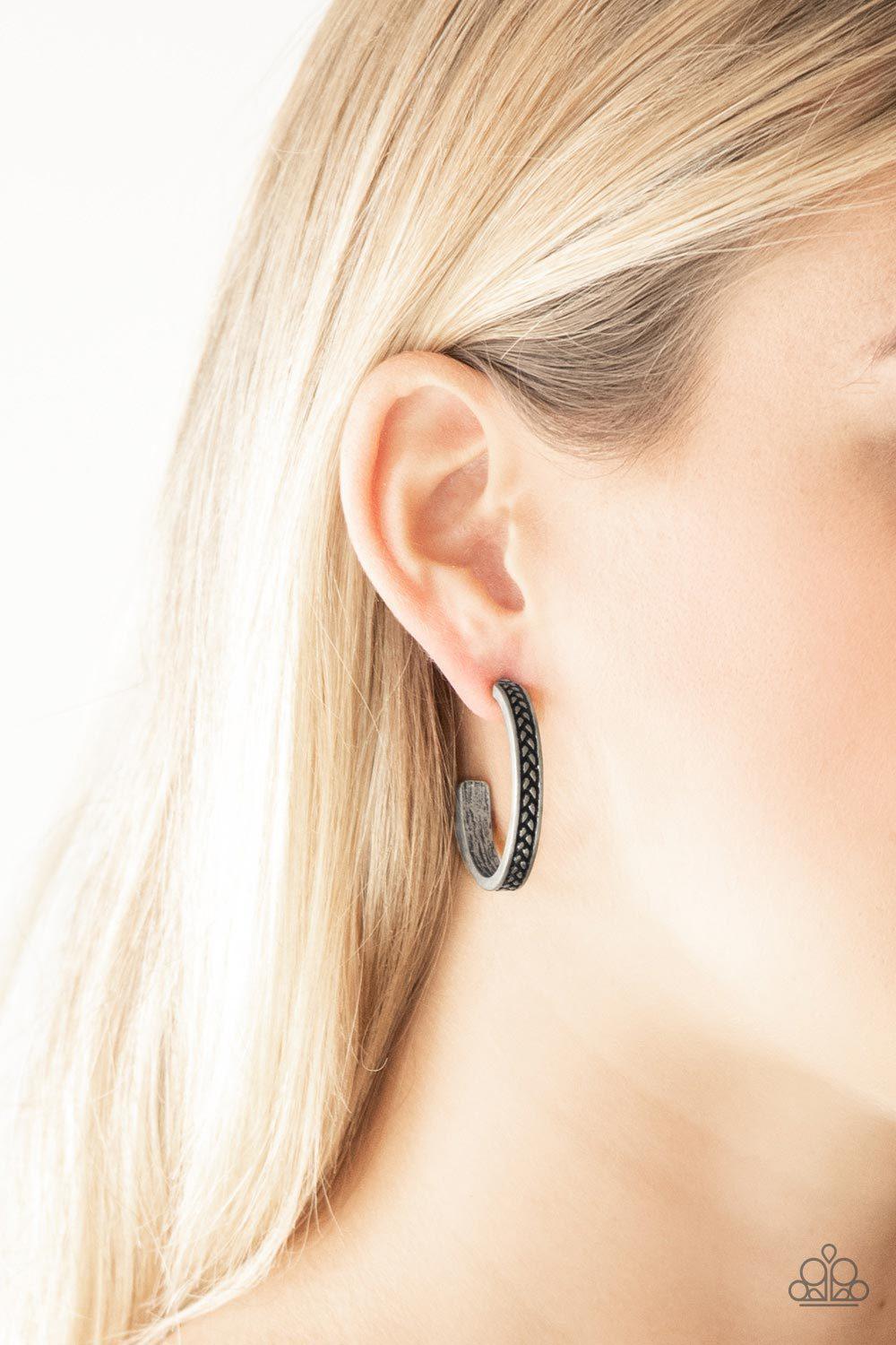 Rugged Retro Silver Hoop Earrings - Paparazzi Accessories- lightbox - CarasShop.com - Paparazzi Jewelry by Cara Jewels