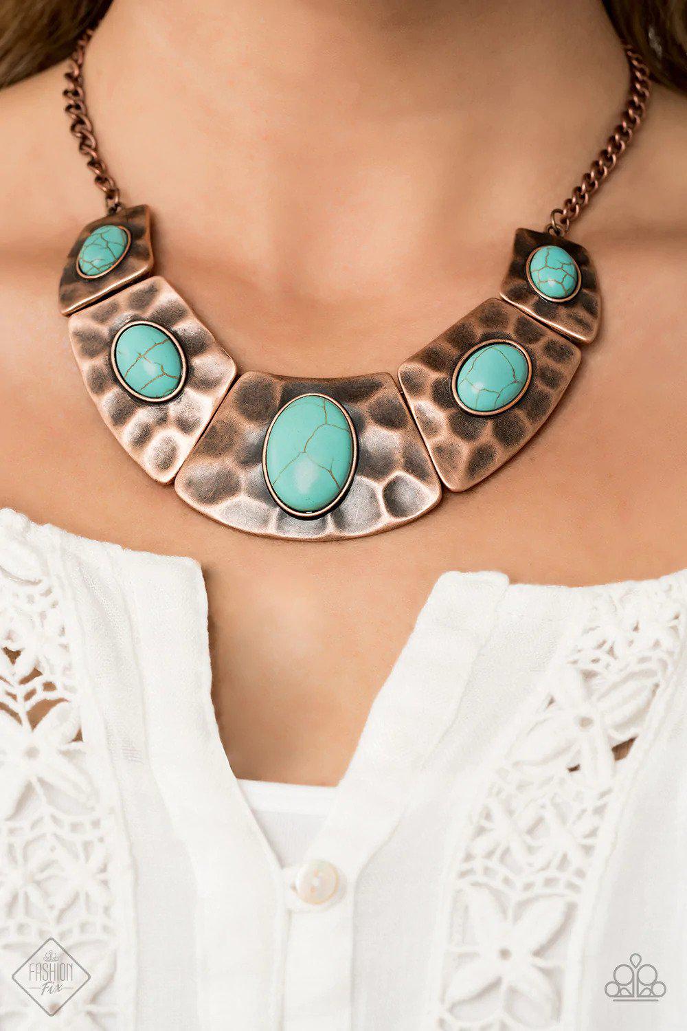 RULER In Favor Copper and Turquoise Blue Stone Necklace - Paparazzi Accessories- on model - CarasShop.com - Paparazzi Jewelry by Cara Jewels