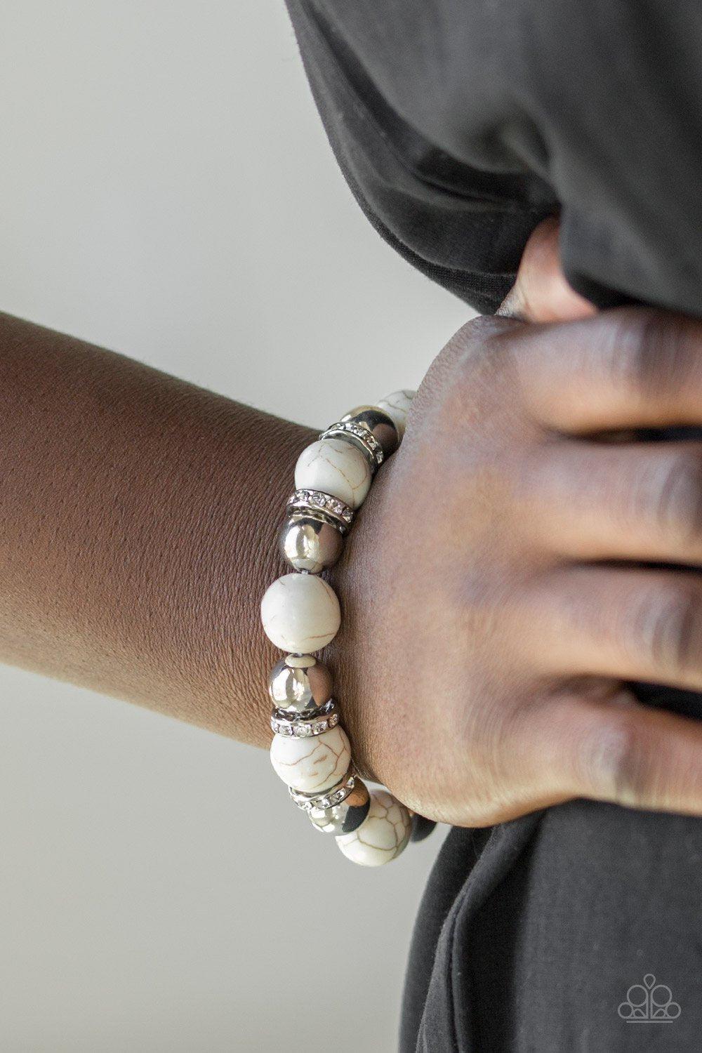 Ruling Class Radiance White and Silver Bracelet - Paparazzi Accessories- on model - CarasShop.com - Paparazzi Jewelry by Cara Jewels