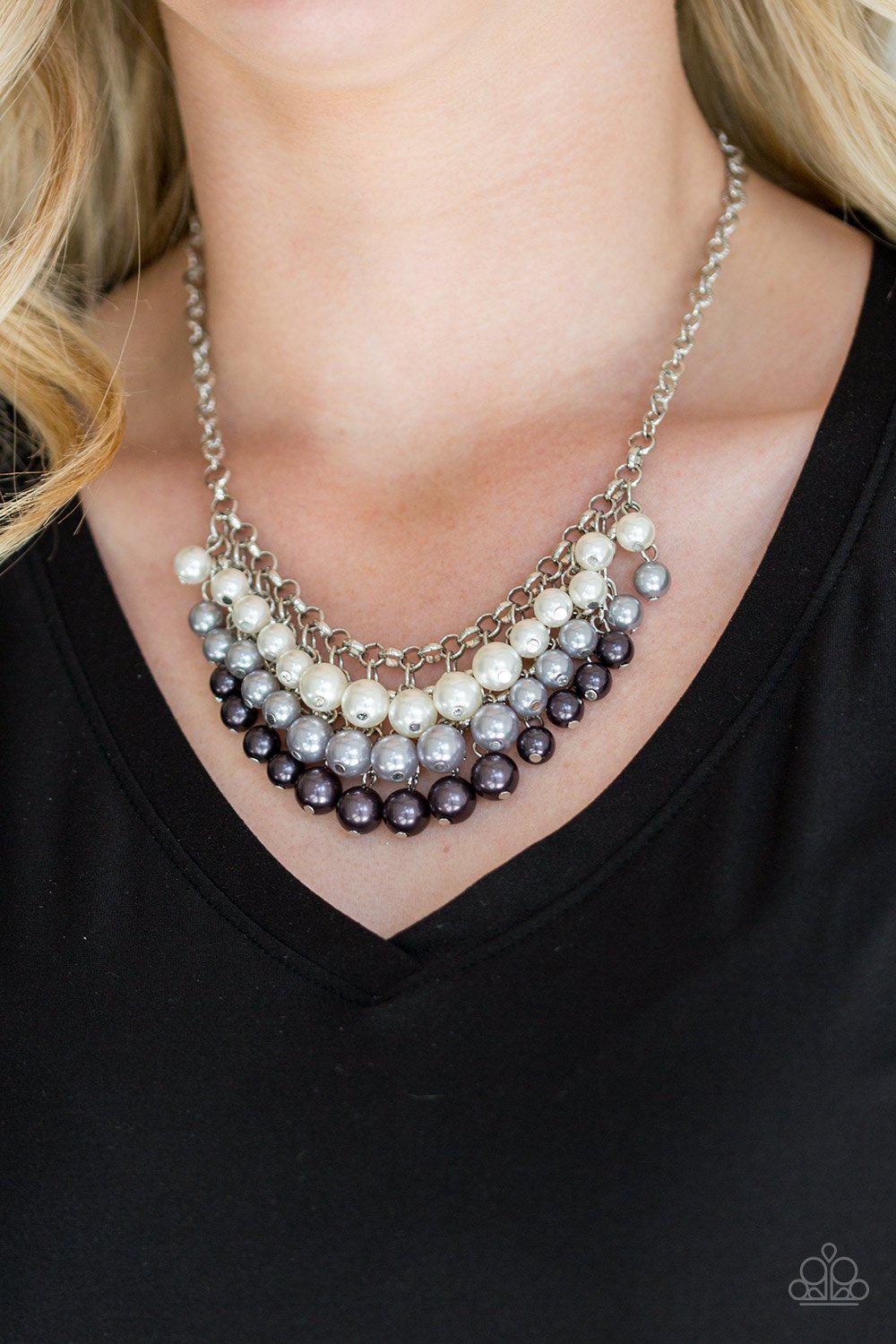 Run for the Heels White, Silver and Gunmetal Pearl Necklace - Paparazzi Accessories- on model - CarasShop.com - Paparazzi Jewelry by Cara Jewels