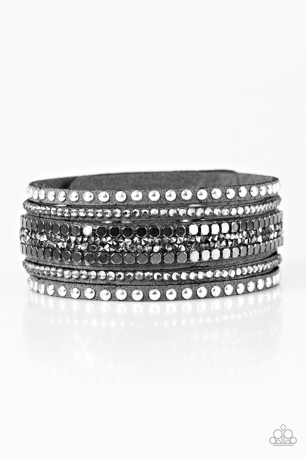 Runaway Runway Silver and Gunmetal Urban Wrap Snap Bracelet - Paparazzi Accessories- on model - CarasShop.com - Paparazzi Jewelry by Cara Jewels