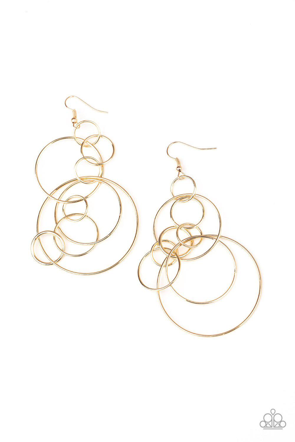 Running Circles Around You Gold Earrings - Paparazzi Accessories- on model - CarasShop.com - Paparazzi Jewelry by Cara Jewels