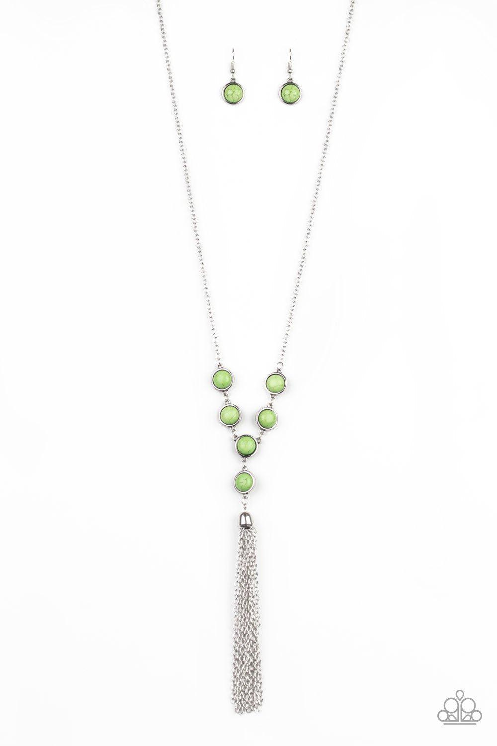Rural Heiress Green Stone Tassel Necklace - Paparazzi Accessories- on model - CarasShop.com - Paparazzi Jewelry by Cara Jewels