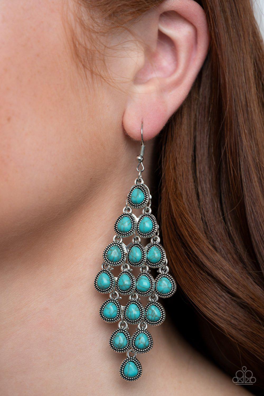 Rural Rainstorms Turquoise Blue Stone Cascading Teardrop Earrings - Paparazzi Accessories- lightbox - CarasShop.com - Paparazzi Jewelry by Cara Jewels