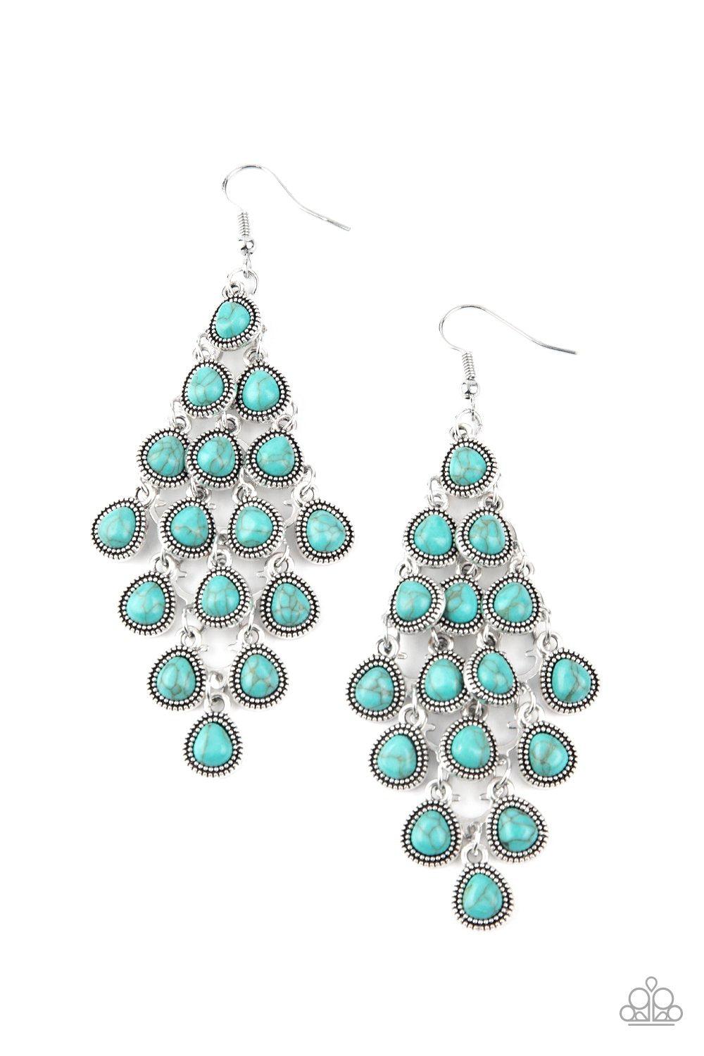 Rural Rainstorms Turquoise Blue Stone Cascading Teardrop Earrings - Paparazzi Accessories- on model - CarasShop.com - Paparazzi Jewelry by Cara Jewels