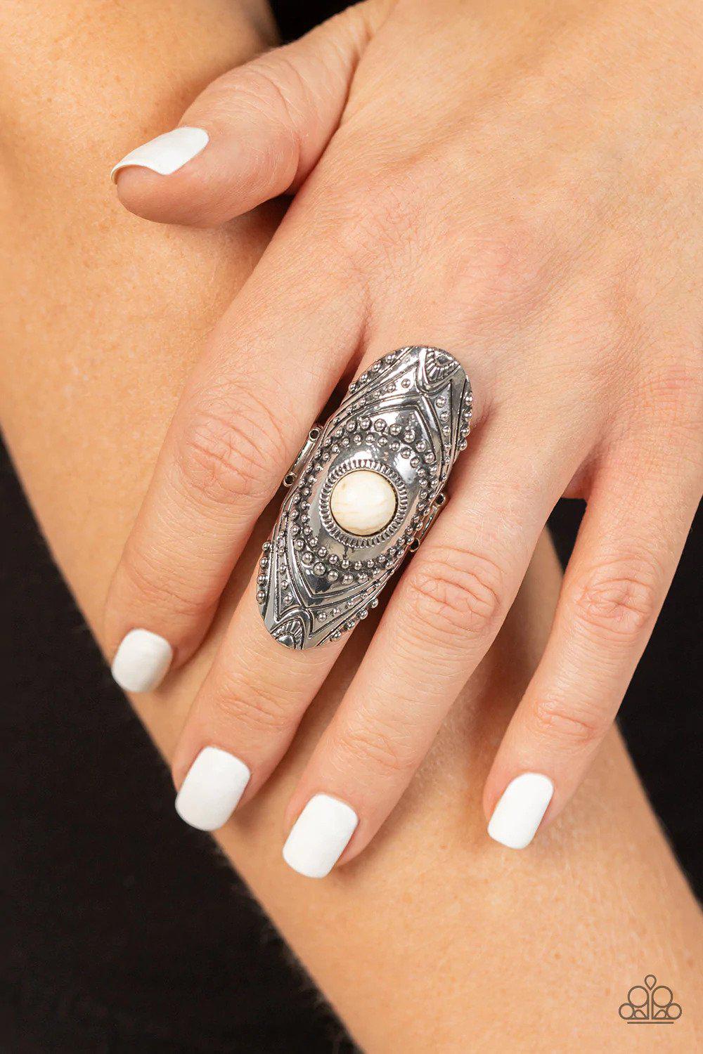 Rural Residence White Stone Ring - Paparazzi Accessories- on model - CarasShop.com - Paparazzi Jewelry by Cara Jewels