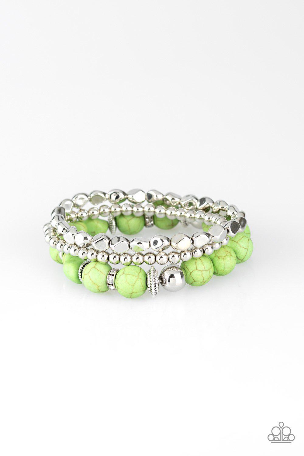 Rural Restoration Green and Silver Bracelet Set - Paparazzi Accessories- on model - CarasShop.com - Paparazzi Jewelry by Cara Jewels