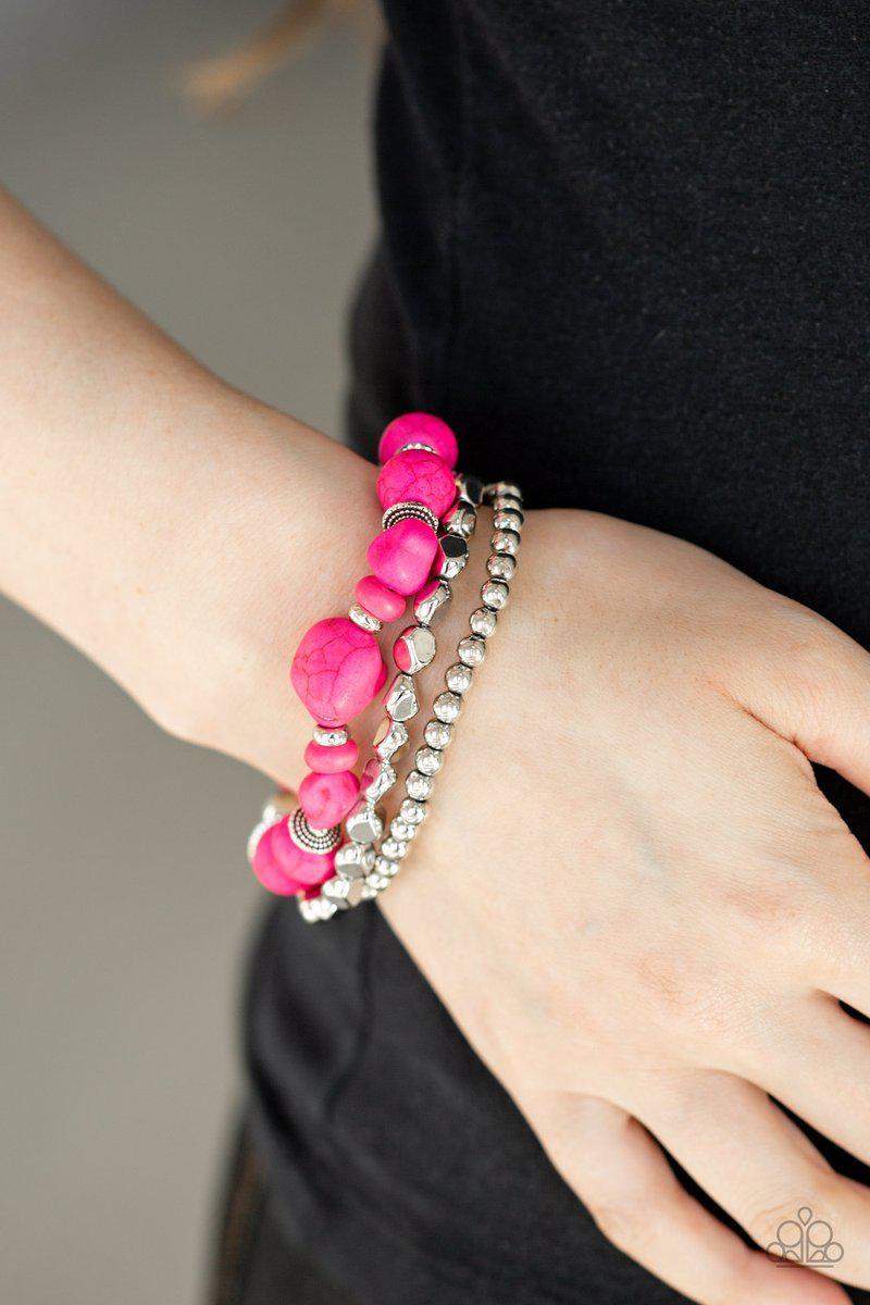 Rural Restoration Hot Pink and Silver Bracelet Set - Paparazzi Accessories- lightbox - CarasShop.com - Paparazzi Jewelry by Cara Jewels