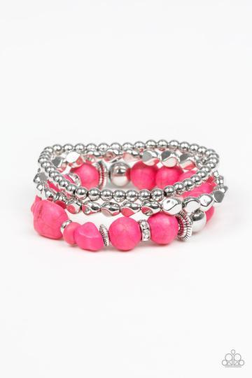 Rural Restoration Hot Pink and Silver Bracelet Set - Paparazzi Accessories- on model - CarasShop.com - Paparazzi Jewelry by Cara Jewels