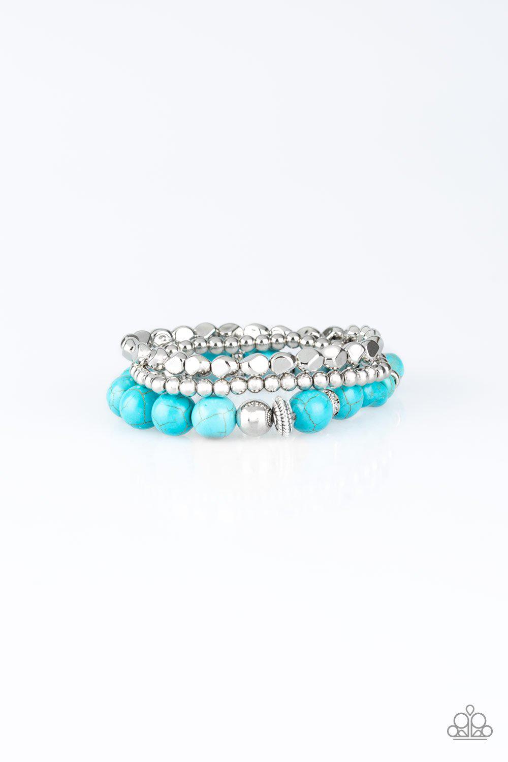 Rural Restoration Turquoise Blue and Silver Bracelet Set - Paparazzi Accessories- on model - CarasShop.com - Paparazzi Jewelry by Cara Jewels