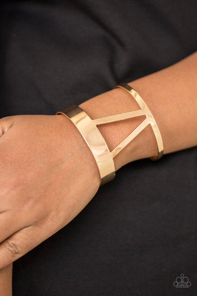 Rural Ruler Gold Cuff Bracelet - Paparazzi Accessories- on model - CarasShop.com - Paparazzi Jewelry by Cara Jewels