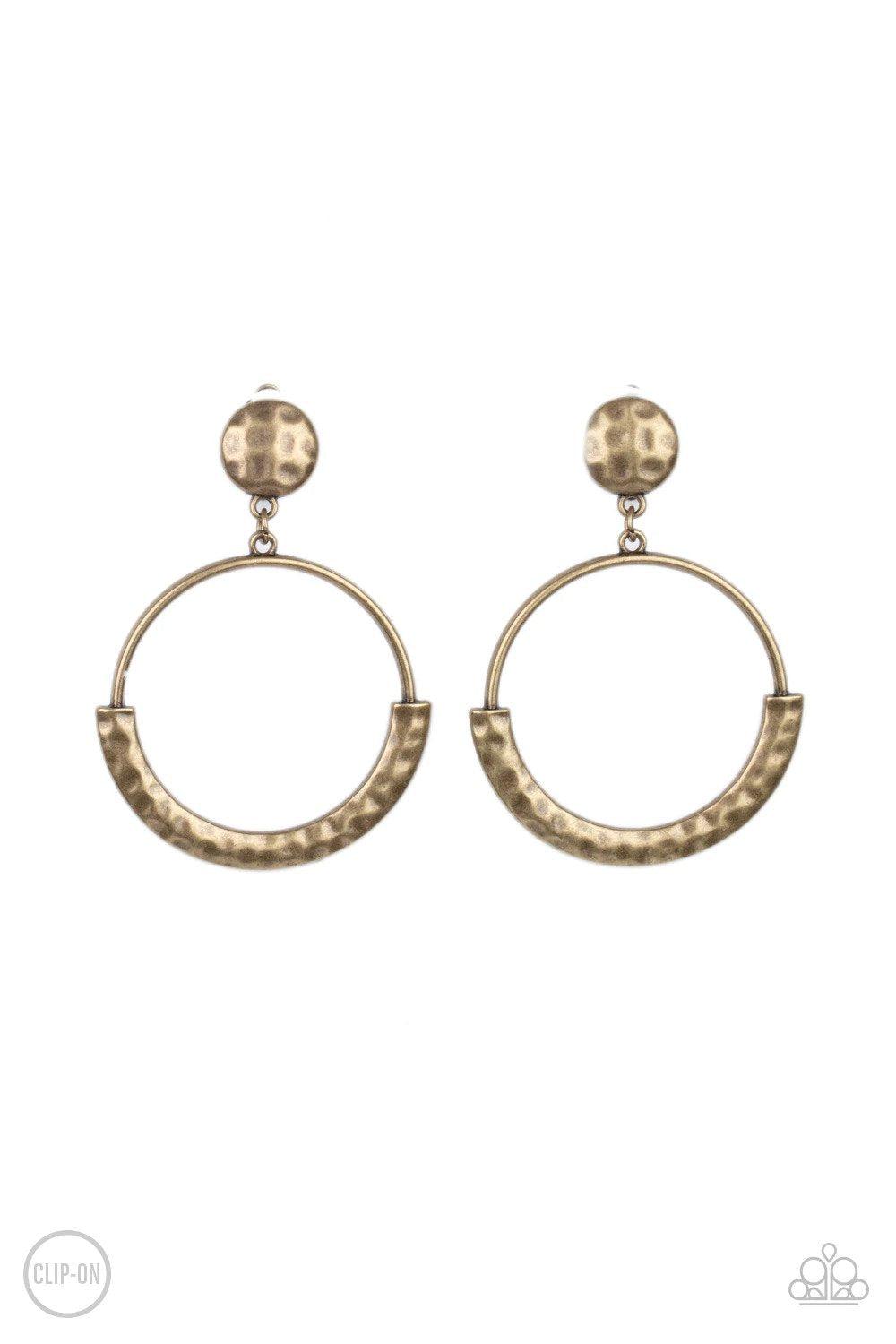 Rustic Horizons Brass Clip-on Earrings - Paparazzi Accessories- lightbox - CarasShop.com - Paparazzi Jewelry by Cara Jewels
