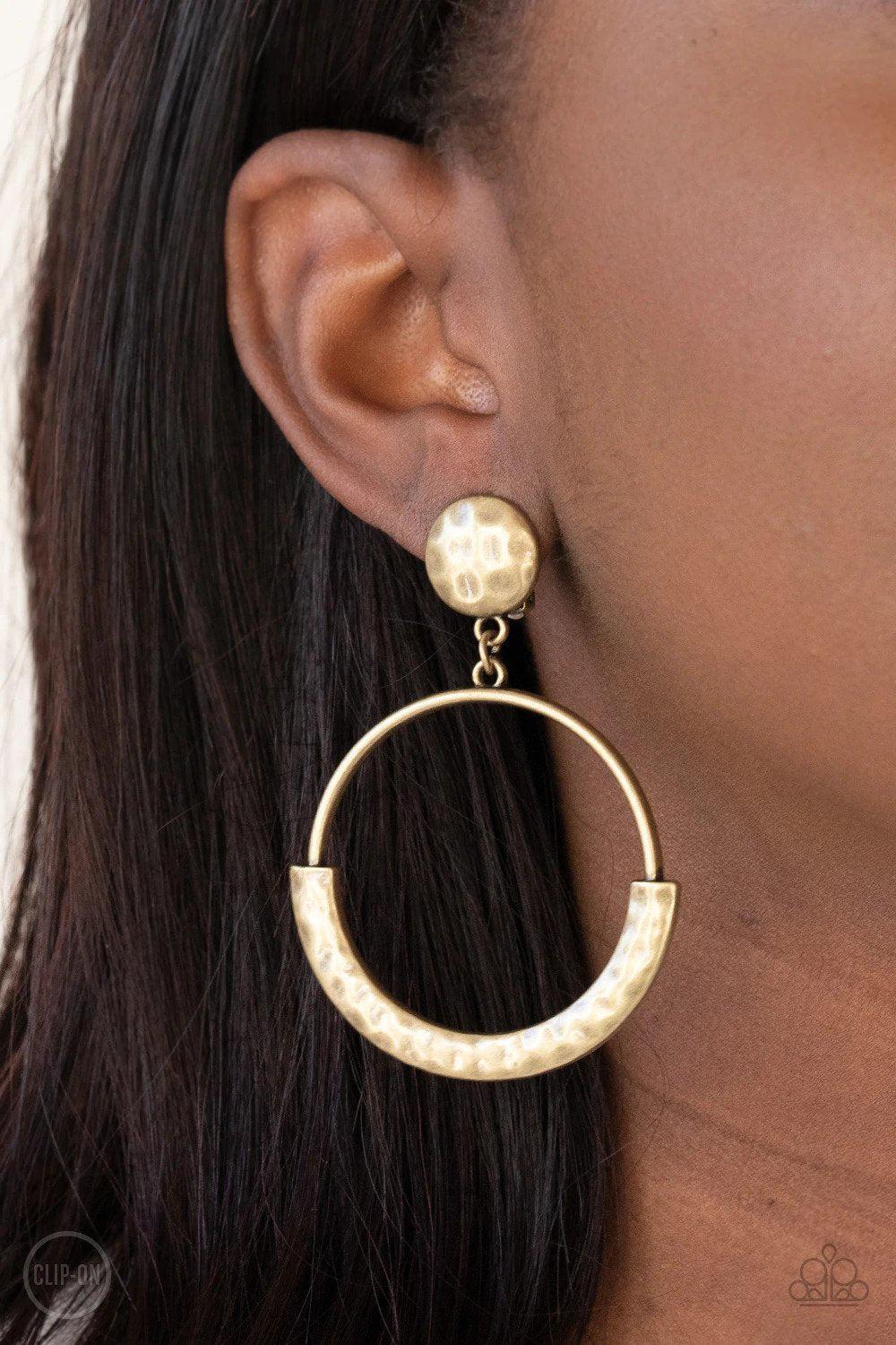 Rustic Horizons Brass Clip-on Earrings - Paparazzi Accessories- on model - CarasShop.com - Paparazzi Jewelry by Cara Jewels