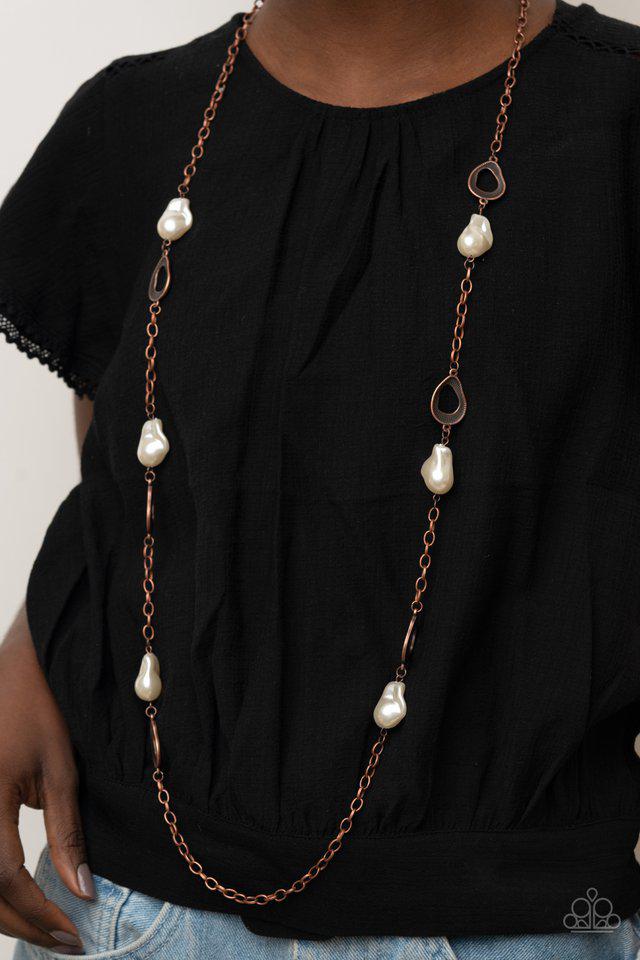 Rustic Refinery Copper and White Pearl Necklace - Paparazzi Accessories- on model - CarasShop.com - Paparazzi Jewelry by Cara Jewels