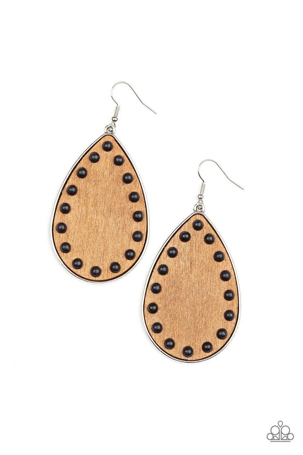 Rustic Refuge Black Stone & Wood Earrings - Paparazzi Accessories- lightbox - CarasShop.com - Paparazzi Jewelry by Cara Jewels