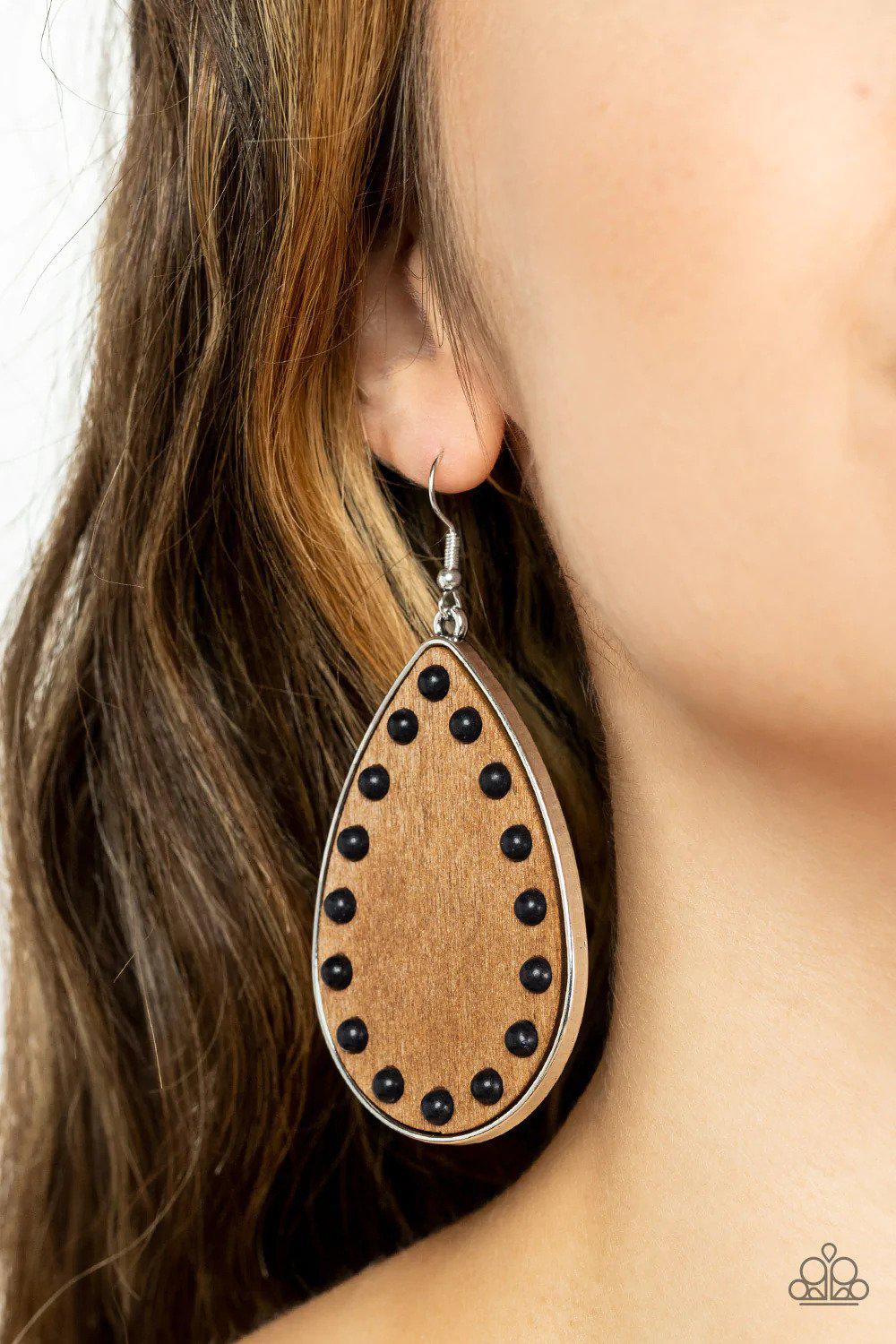 Rustic Refuge Black Stone & Wood Earrings - Paparazzi Accessories- on model - CarasShop.com - Paparazzi Jewelry by Cara Jewels