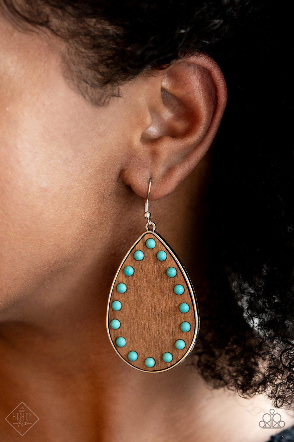 Rustic Refuge Turquoise Blue Stone and Brown Wood Earrings - Paparazzi Accessories- lightbox - CarasShop.com - Paparazzi Jewelry by Cara Jewels