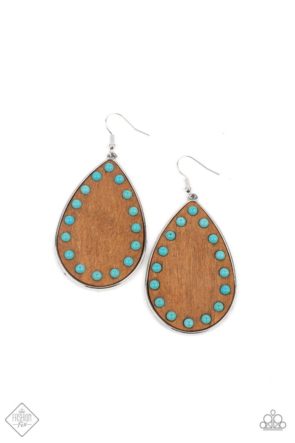 Rustic Refuge Turquoise Blue Stone and Brown Wood Earrings - Paparazzi Accessories- on model - CarasShop.com - Paparazzi Jewelry by Cara Jewels