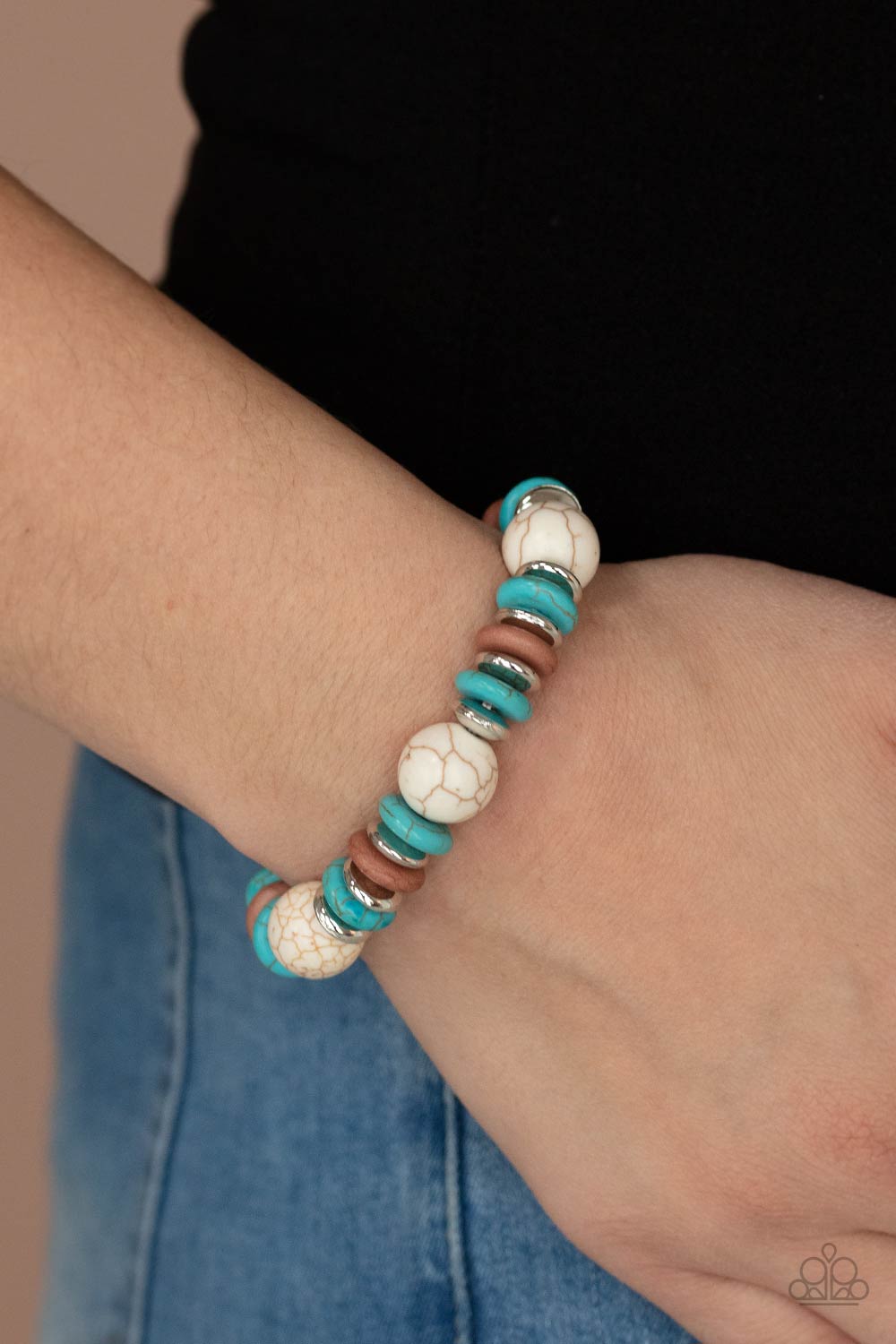 Rustic Rival Multi White and Turquoise Stone Bracelet - Paparazzi Accessories- on model - CarasShop.com - Paparazzi Jewelry by Cara Jewels