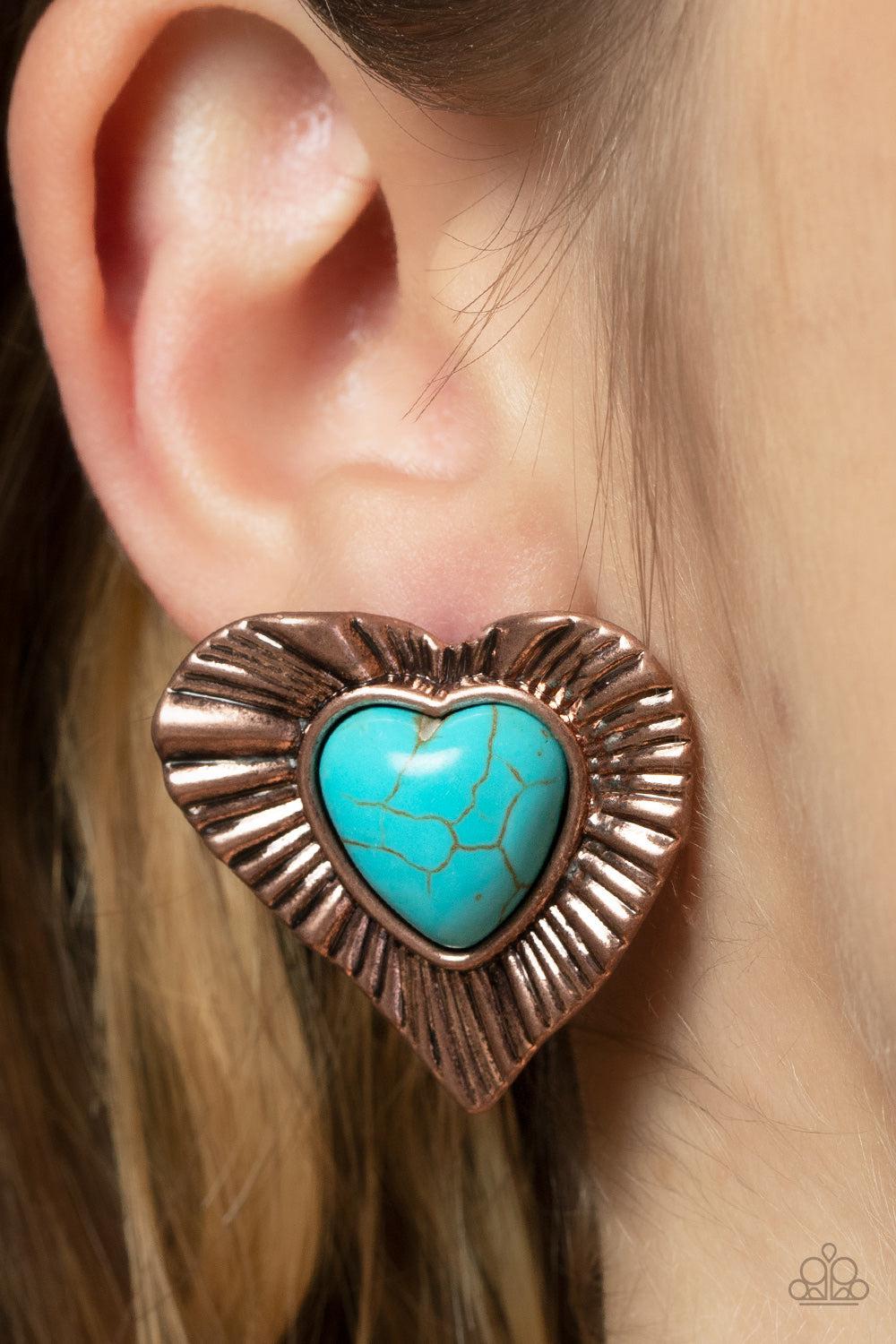 Rustic Romance Copper & Turquoise Heart Earrings - Paparazzi Accessories- on model - CarasShop.com - Paparazzi Jewelry by Cara Jewels