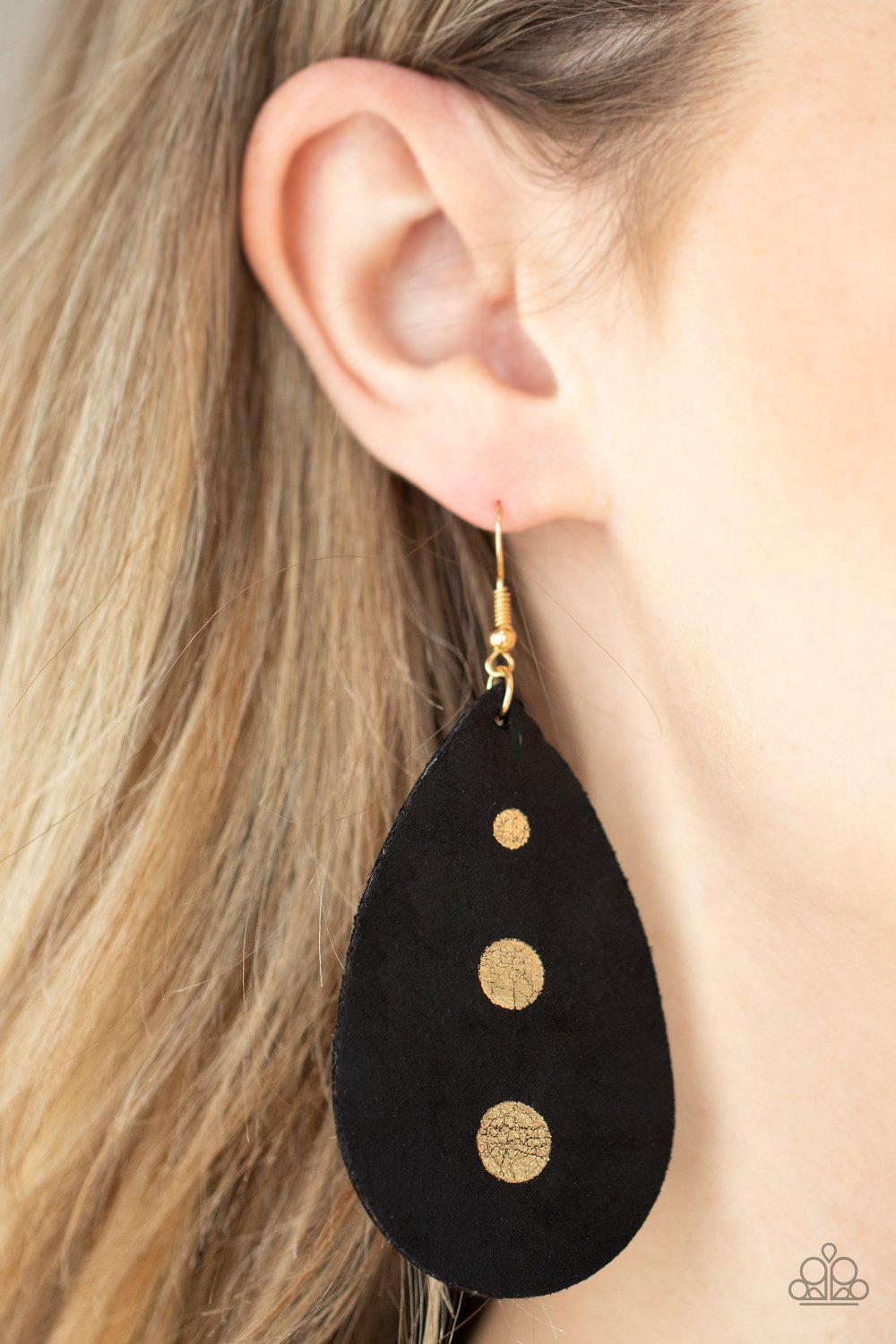 Rustic Torrent Black Leather Earrings - Paparazzi Accessories- on model - CarasShop.com - Paparazzi Jewelry by Cara Jewels