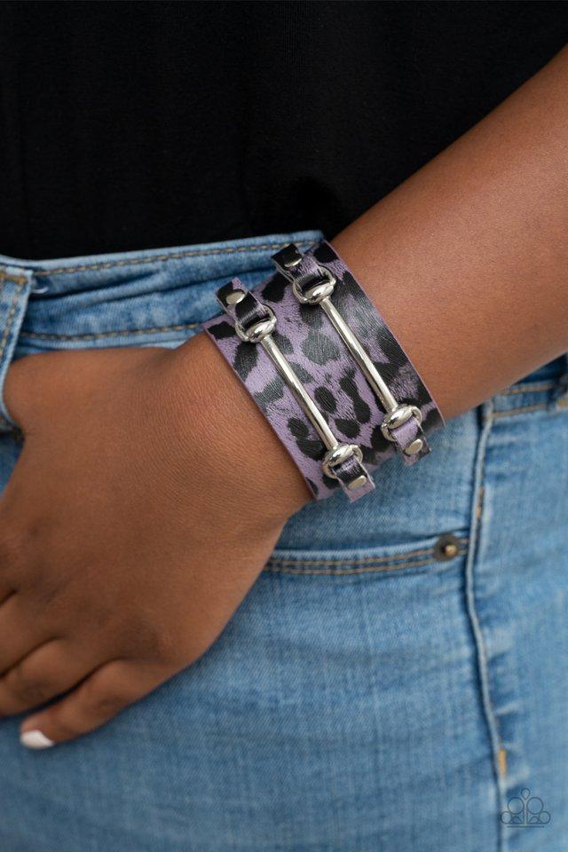 Safari Scene Purple Animal Print Wrap Snap Bracelet - Paparazzi Accessories- on model - CarasShop.com - Paparazzi Jewelry by Cara Jewels