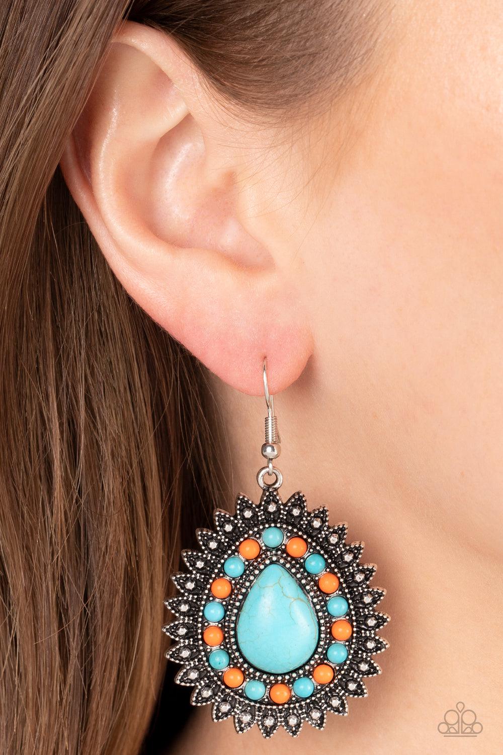 Sagebrush Sabbatical Turquoise Blue Stone Earrings - Paparazzi Accessories- on model - CarasShop.com - Paparazzi Jewelry by Cara Jewels