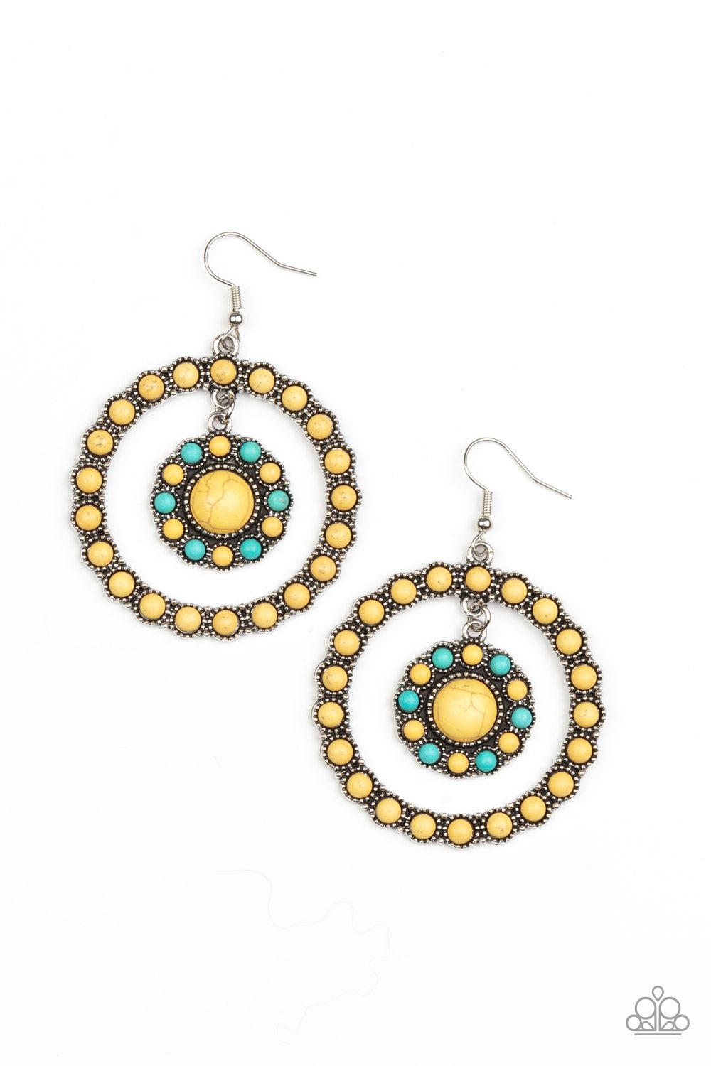 Saguaro Sanctuary Yellow & Turquoise Stone Earrings - Paparazzi Accessories- lightbox - CarasShop.com - Paparazzi Jewelry by Cara Jewels
