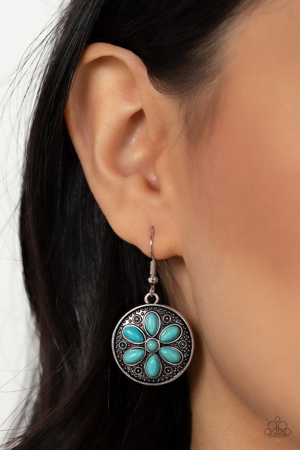 Saguaro Spring Turquoise Blue Stone Flower Earrings - Paparazzi Accessories- on model - CarasShop.com - Paparazzi Jewelry by Cara Jewels