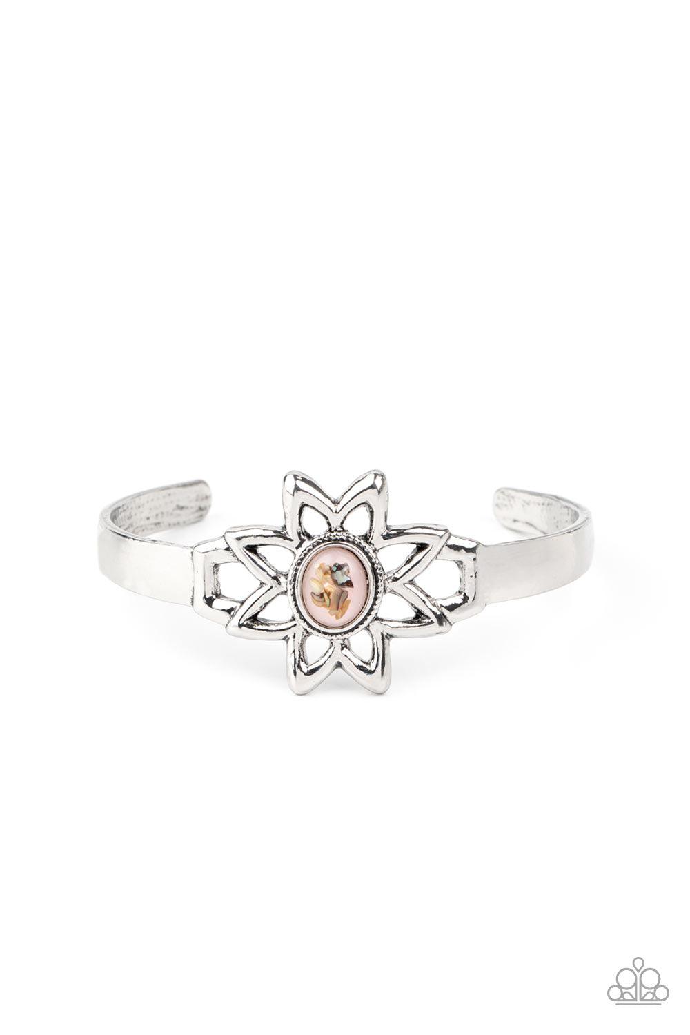 Sahara Garden Pink Shell-like Stone and Silver Cuff Flower Bracelet - Paparazzi Accessories- lightbox - CarasShop.com - Paparazzi Jewelry by Cara Jewels