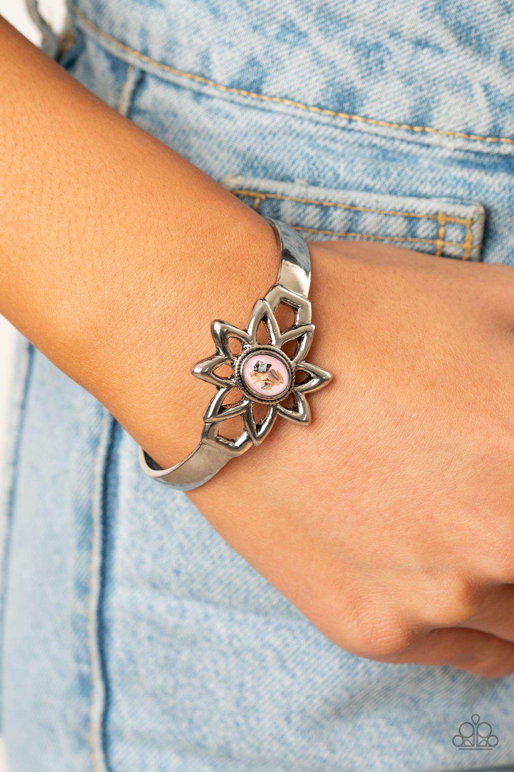 Sahara Garden Pink Shell-like Stone and Silver Cuff Flower Bracelet - Paparazzi Accessories- lightbox - CarasShop.com - Paparazzi Jewelry by Cara Jewels
