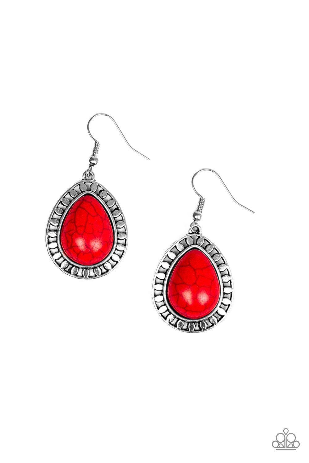 Sahara Serenity Red Stone Teardrop Earrings - Paparazzi Accessories- on model - CarasShop.com - Paparazzi Jewelry by Cara Jewels